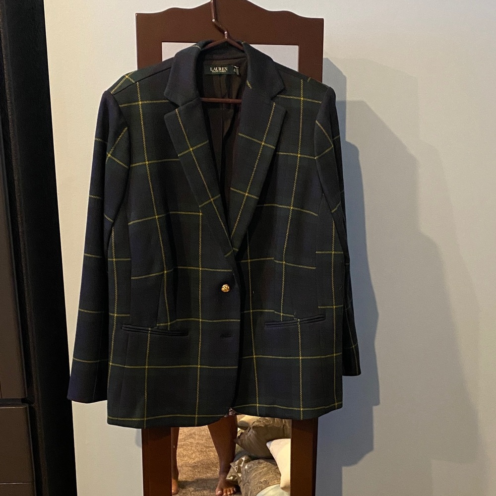 HARDLY WORN- Lauren Ralph Lauren Plaid Blazer in Navy and Yellow Size 2x